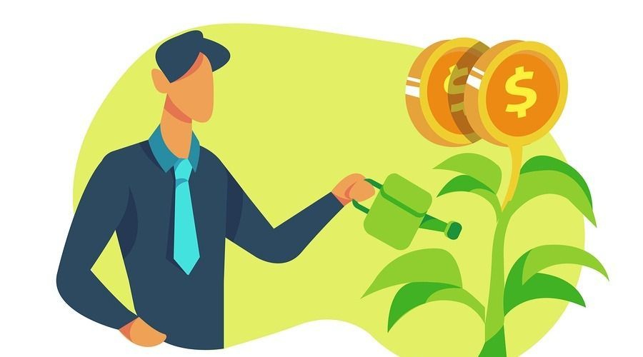 Dibujo de hombre regando una planta y las flores son dólares